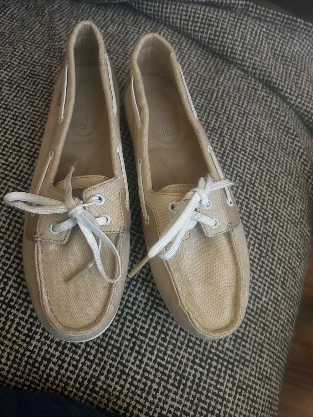Sperry Women's Beige/Tan Canvas Boat Shoes with White Laces